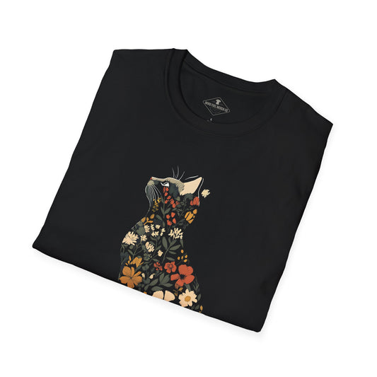 Floral Cat Black T-Shirt
