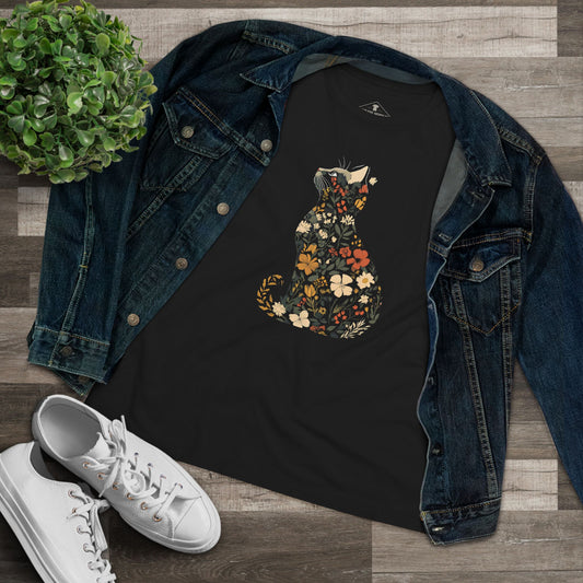 Floral Cat Black Womens T-Shirt