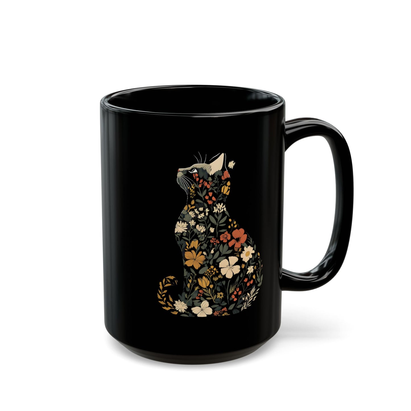 Floral Cat Black Mug