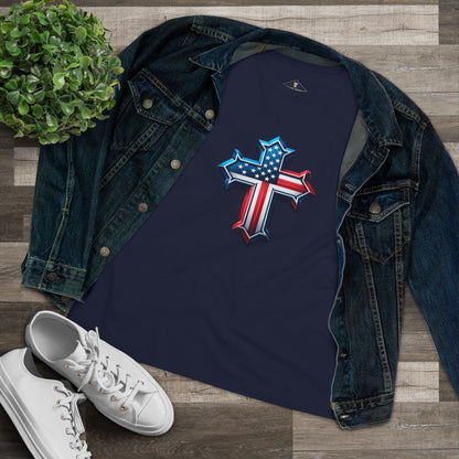 American Flag Cross Navy Womens T-Shirt