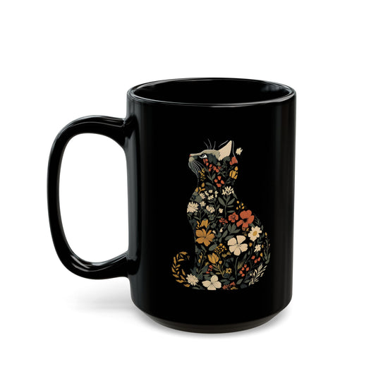 Floral Cat Black Mug