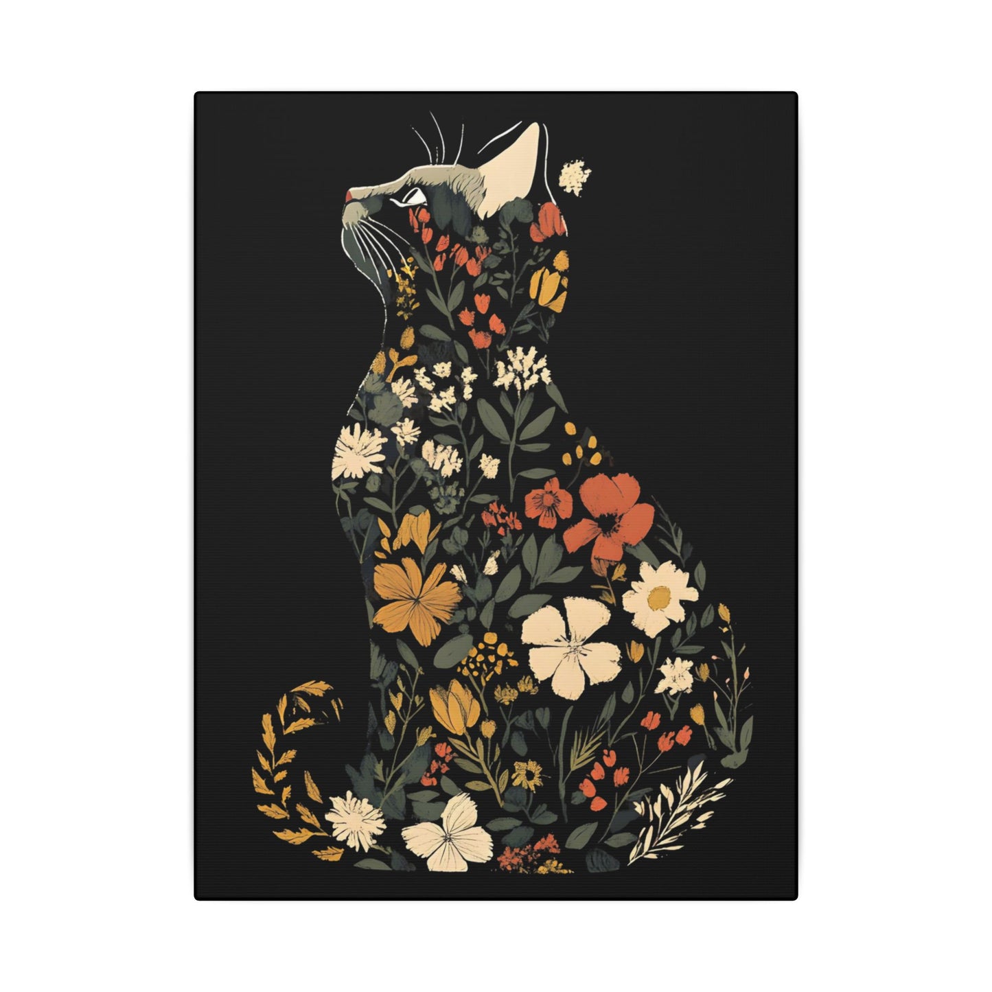 Floral Cat Black Wall Canvas