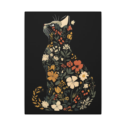 Floral Cat Black Wall Canvas