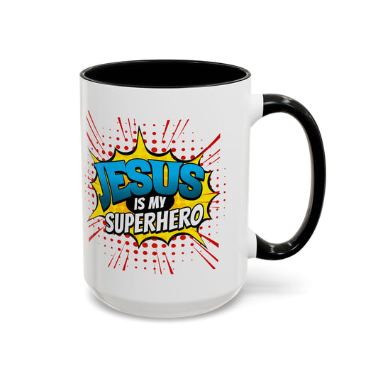 Jesus Is My Super Hero Black Accent Mug