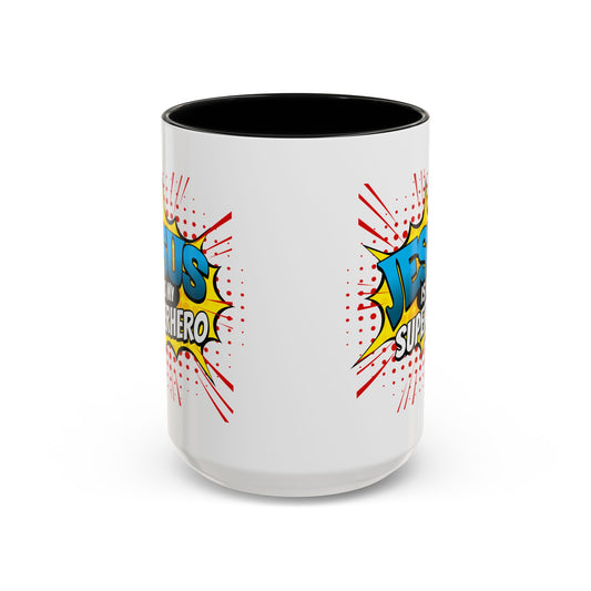 Jesus Is My Super Hero Black Accent Mug