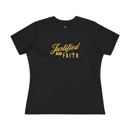 Justified By Faith Black Womens T-Shirt