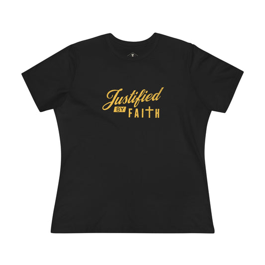 Justified By Faith Black Womens T-Shirt