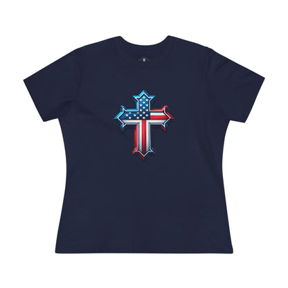 American Flag Cross Navy Womens T-Shirt