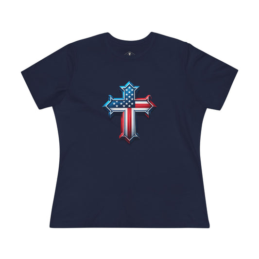 American Flag Cross Navy Womens T-Shirt