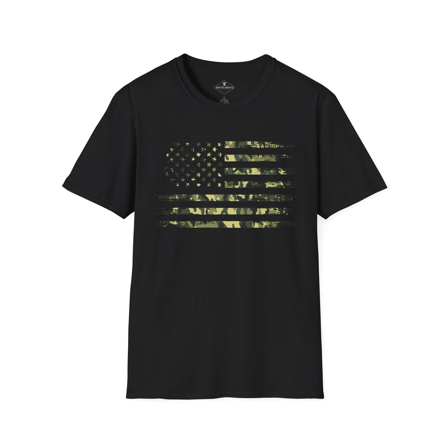 Green Camo US Flag Black T-Shirt