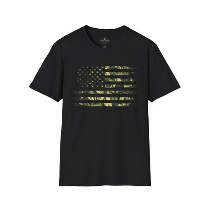 Green Camo US Flag Black T-Shirt