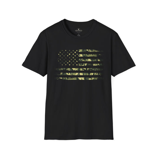 Green Camo US Flag Black T-Shirt