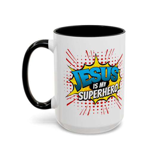 Jesus Is My Super Hero Black Accent Mug