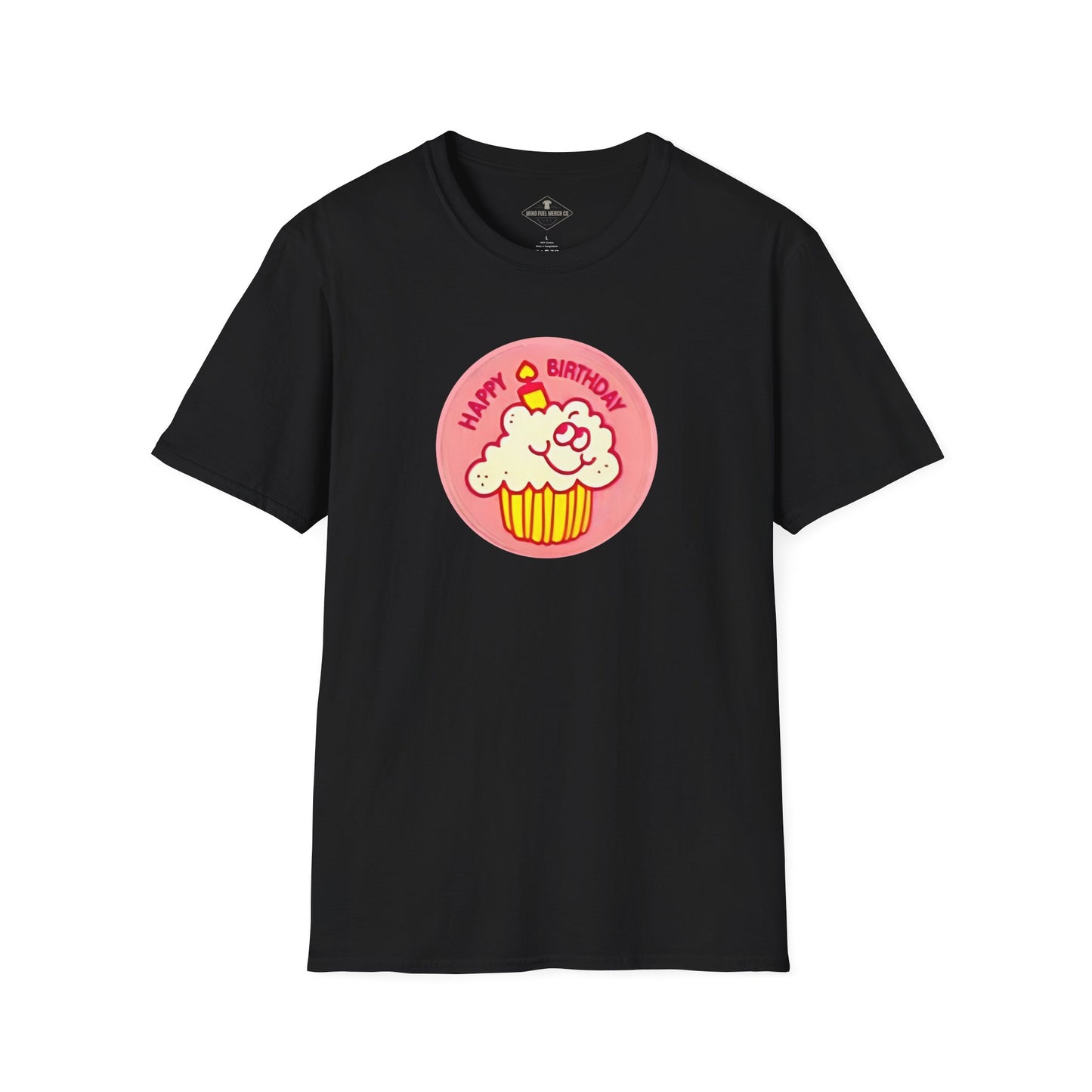 Vintage 1980's Birthday Cake Scratch & Sniff Sticker Black T-Shirt