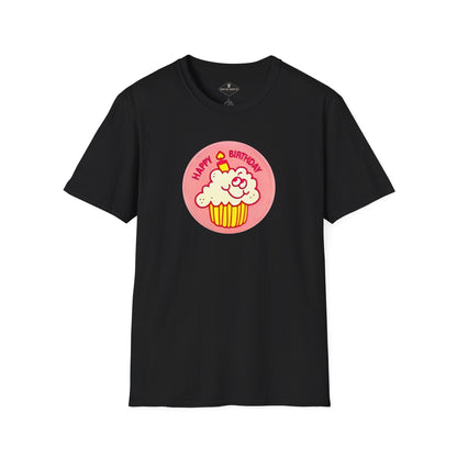 Vintage 1980's Birthday Cake Scratch & Sniff Sticker Black T-Shirt