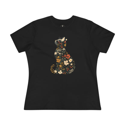 Floral Cat Black Womens T-Shirt
