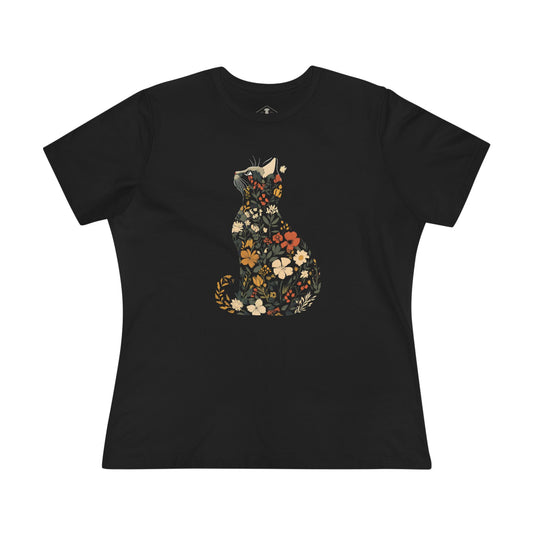 Floral Cat Black Womens T-Shirt