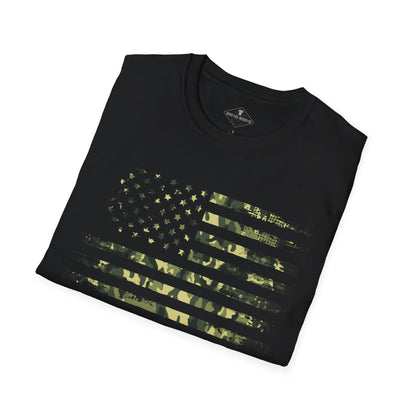 Green Camo US Flag Black T-Shirt