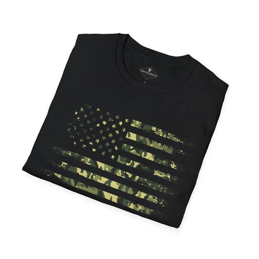 Green Camo US Flag Black T-Shirt