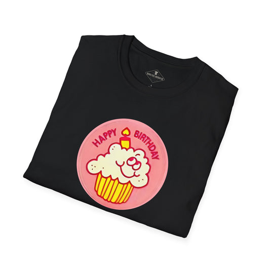 Vintage 1980's Birthday Cake Scratch & Sniff Sticker Black T-Shirt