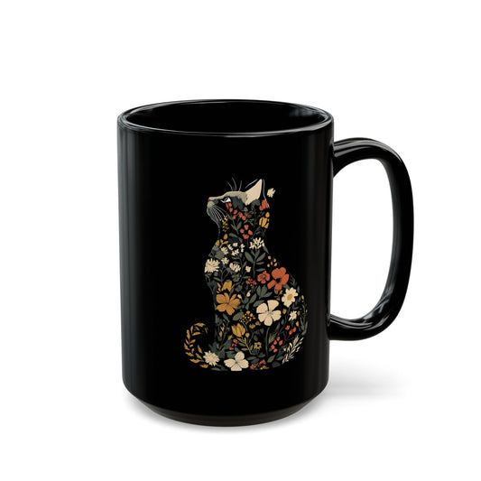 Floral Cat Black Mug