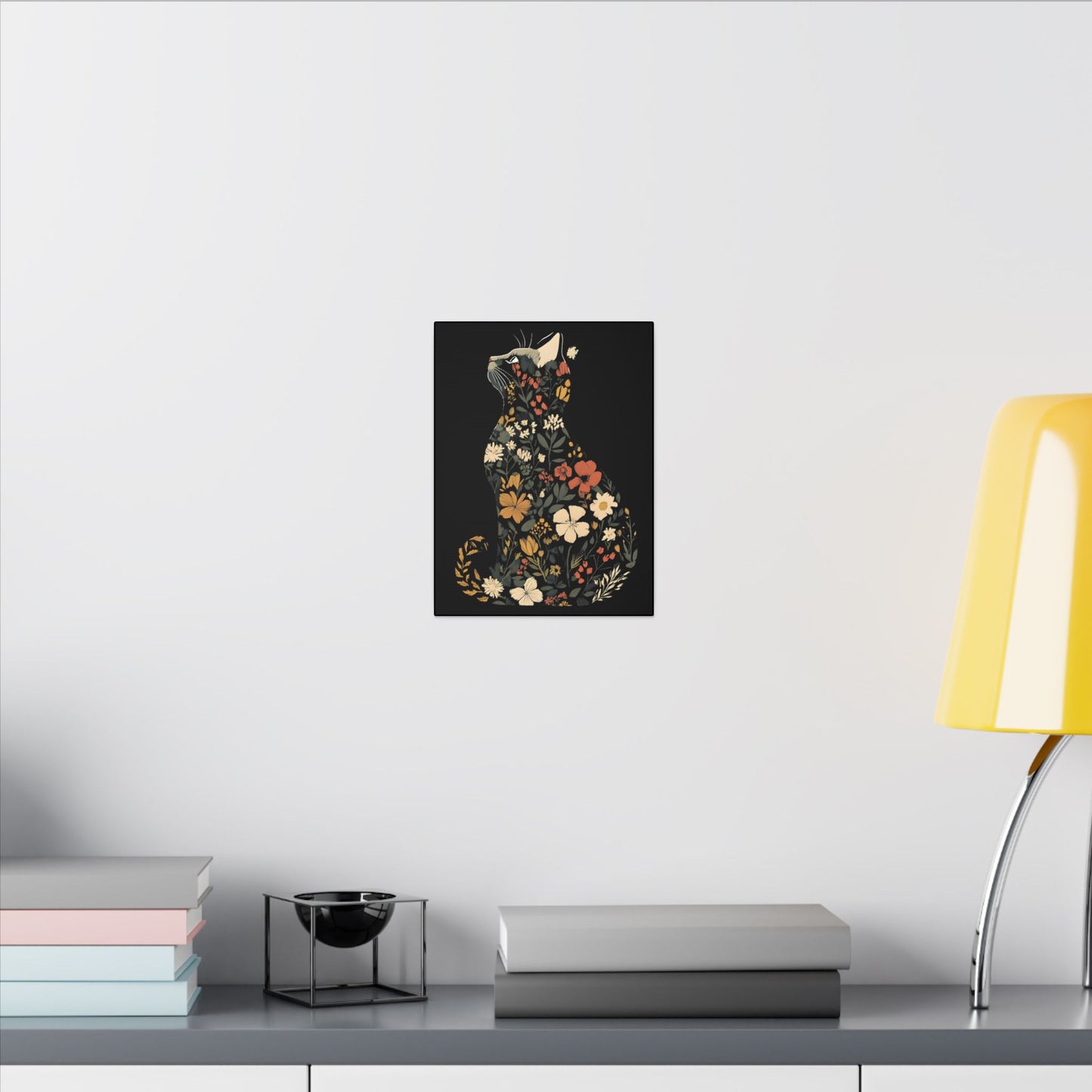 Floral Cat Black Wall Canvas