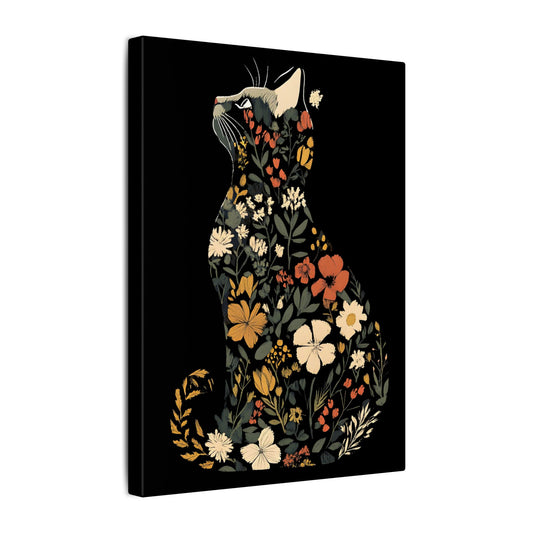Floral Cat Black Wall Canvas