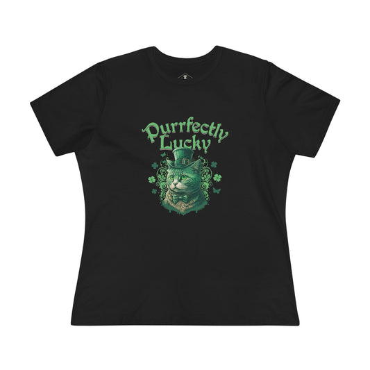Purrfectly Lucky Black Womens T-Shirt