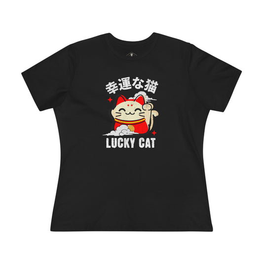 Japanese Waving Lucky Cat Maneki-Neko Black Womens T-Shirt