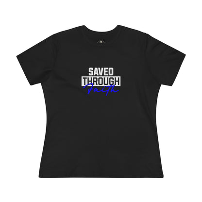 Saved Through Faith Black Womens T-Shirt