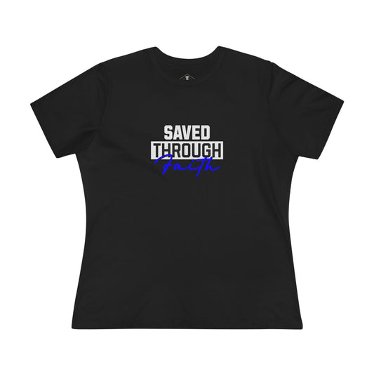 Saved Through Faith Black Womens T-Shirt