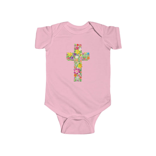 Floral Cross Pink Baby Onesie