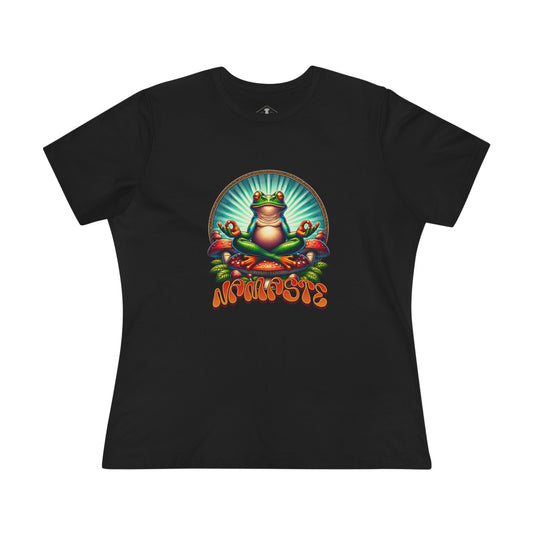 Namaste Yoga Frog Black Womens T-Shirt