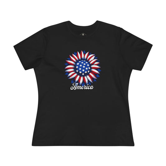 American Flag Flower Black Womens T-Shirt
